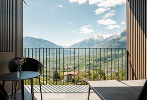 Ein Blick von einem modernen Balkon auf ein sonniges Tal mit grünen Feldern, Häusern und schneebedeckten Bergen im Hintergrund.