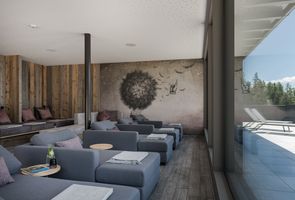 Ein moderner Ruheraum in einem Wellnessbereich mit mehreren grauen Liegesofas, die vor einer Wand mit einer großen Pusteblumen-Illustration stehen, und großen bodentiefen Fenstern mit Ausblick auf eine Terrasse.
